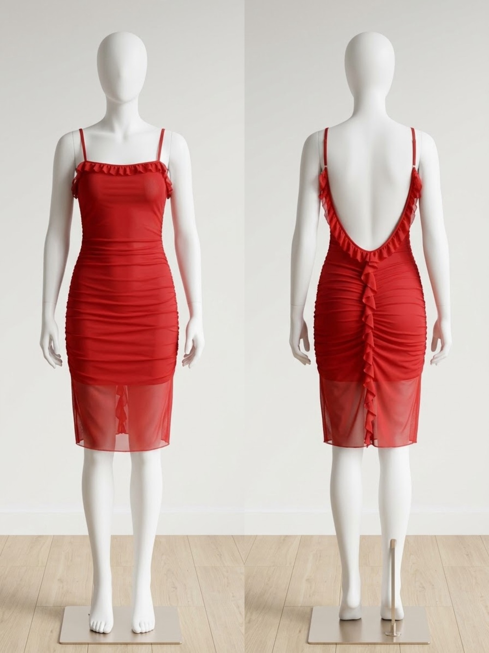 Red Ruched Mesh Backless Midi Dress with Ruffle Trim